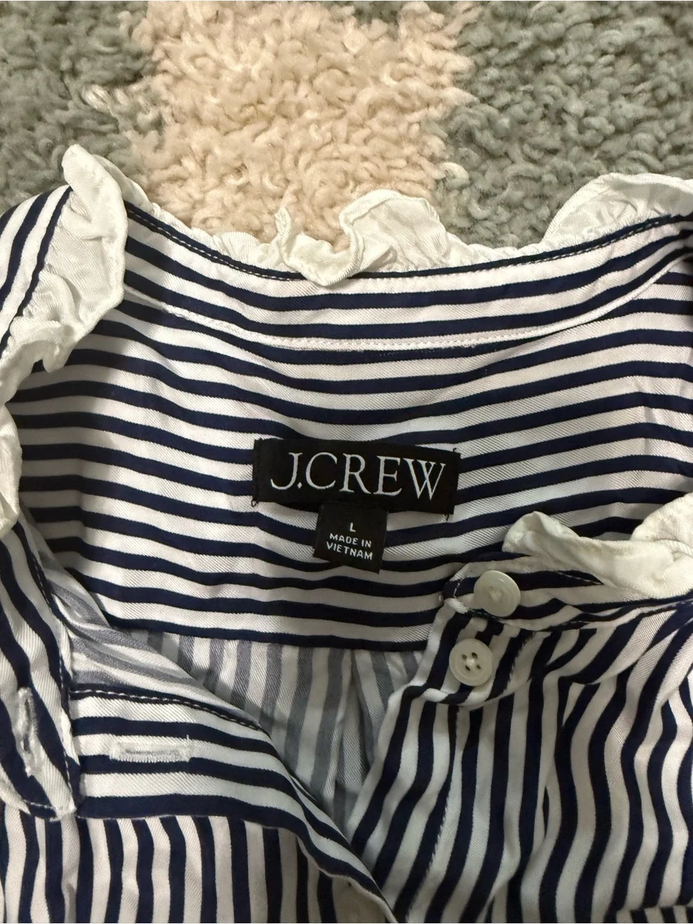 J. Crew Women’s Navy and White Vertical Stripe Button Down Shirt Ruffle Trim Lg